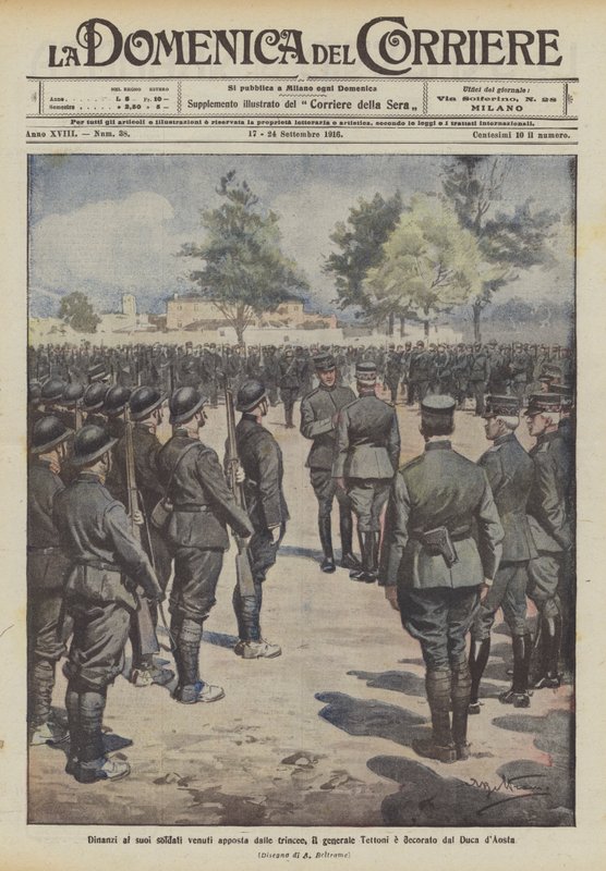 Frente a sus soldados venidos especialmente de las trincheras, el general Tettoni es condecorado por el Duque de Aosta de Achille Beltrame