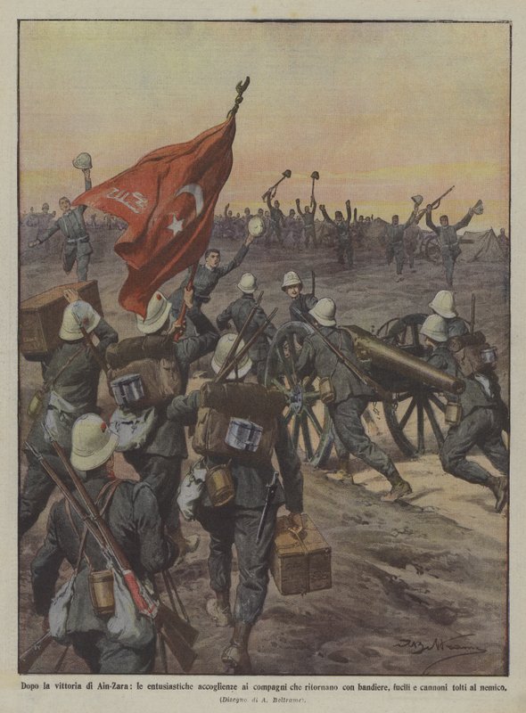 Después de la victoria de Ain-Zara, las entusiastas bienvenidas a los compañeros que regresan con banderas de Achille Beltrame