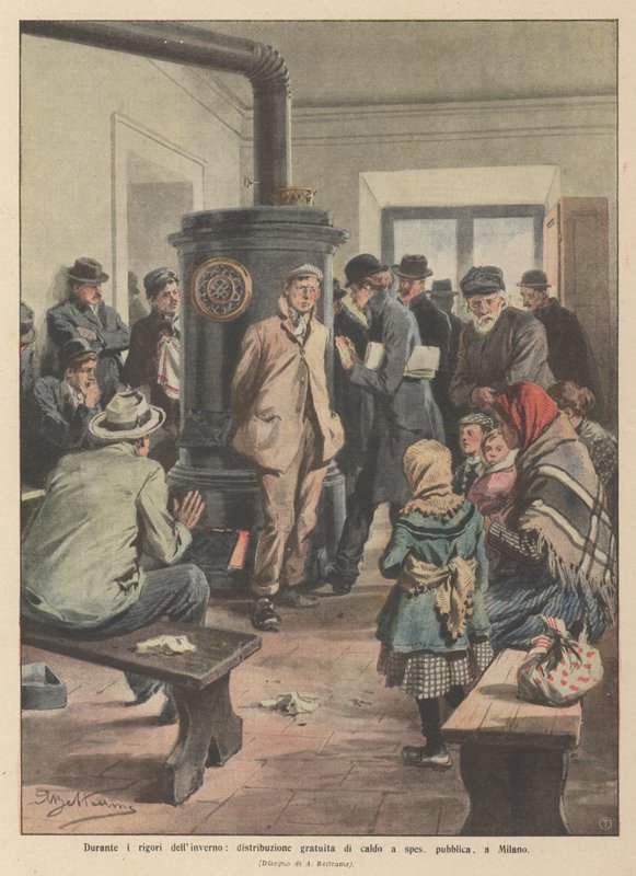 Durante los rigores del invierno, distribución gratuita de comida caliente a expensas públicas, en Milán de Achille Beltrame