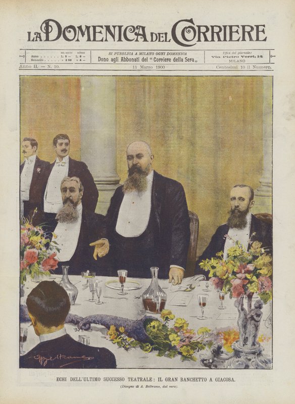 Ecos del último éxito teatral, el gran banquete a Giacosa de Achille Beltrame
