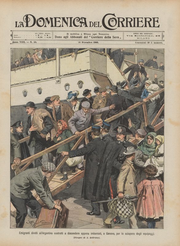 Emigrantes con destino a Argentina obligados a desembarcar apenas embarcados, en Génova, por la huelga de las tripulaciones de Achille Beltrame