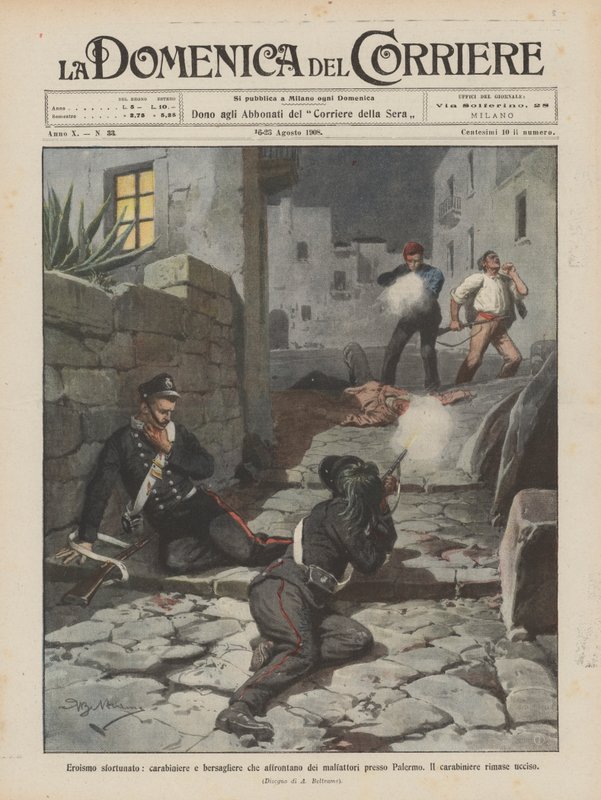 Heroísmo desafortunado, carabinero y bersagliere que enfrentan a delincuentes cerca de Palermo de Achille Beltrame