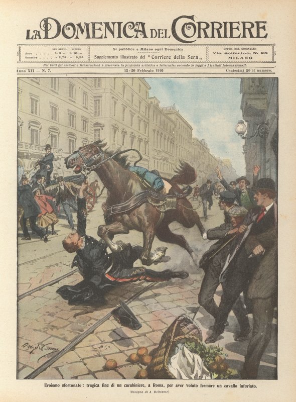 Heroísmo desafortunado, trágico final de un carabinero, en Roma, por intentar detener un caballo enfurecido de Achille Beltrame