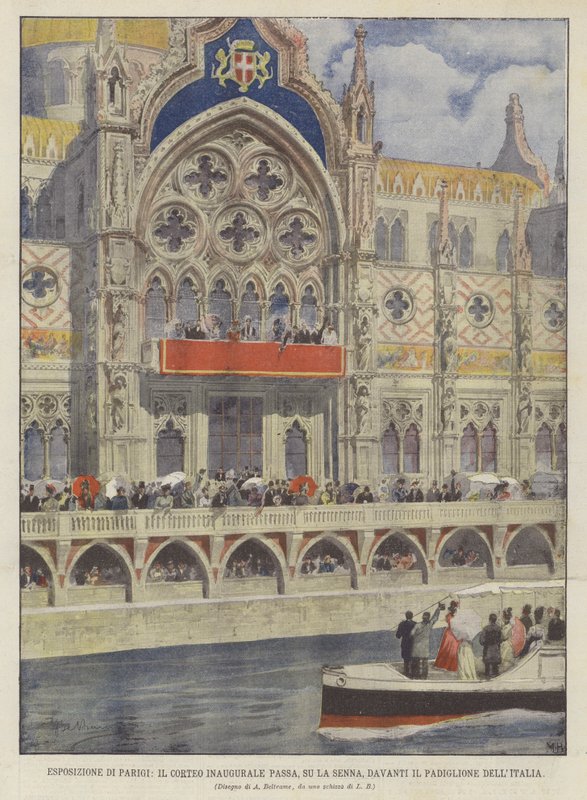 Exposición de París, el cortejo inaugural pasa, sobre el Sena, frente al pabellón de Italia de Achille Beltrame