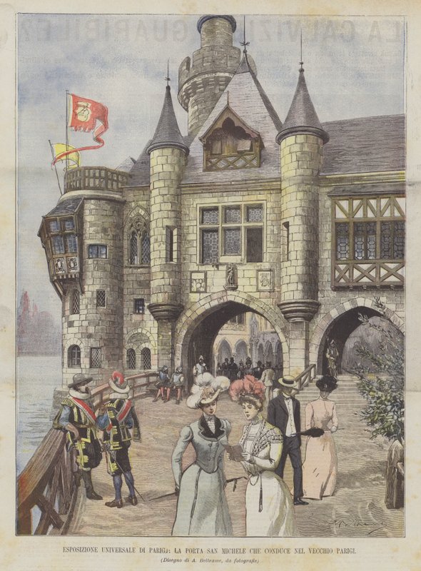 Exposición Universal de París, la puerta San Miguel que conduce al viejo París de Achille Beltrame