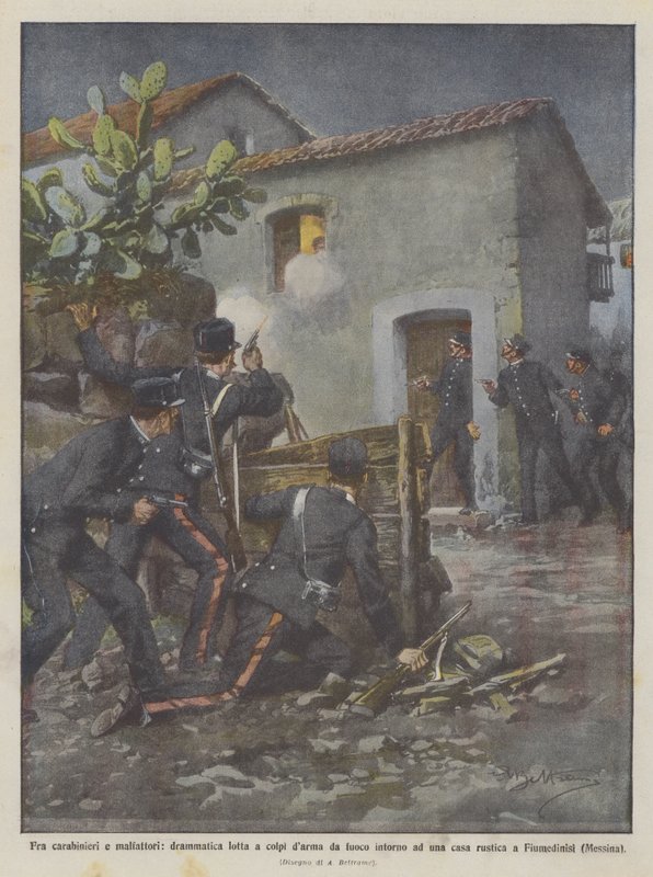 Entre carabineros y malhechores, dramática lucha a tiros alrededor de una casa rústica de Achille Beltrame