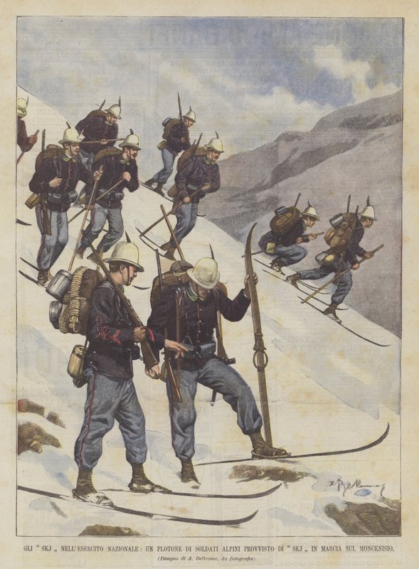 Los SKJ en el ejército nacional, un pelotón de soldados alpinos provisto de SKJ marchando sobre Moncenisio de Achille Beltrame
