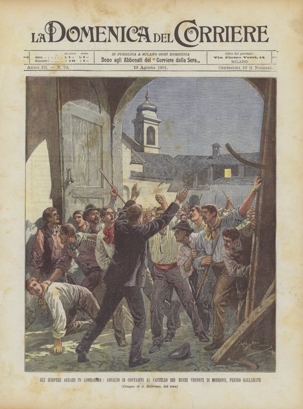 Las huelgas agrarias en Lombardía, asalto de campesinos al castillo de los duques Visconti de Modrone, cerca de Gallarate de Achille Beltrame