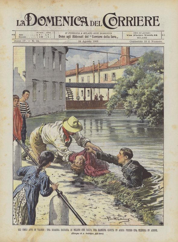 Los humildes actos de valor, un guardia de aduanas de Milán que salva a una niña caída en el agua de Achille Beltrame