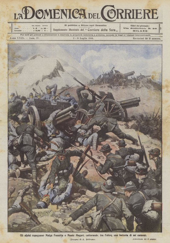 Los alpinos conquistan Malga Fossetta y Monte Magari, capturando, entre otras cosas, una batería de seis cañones de Achille Beltrame