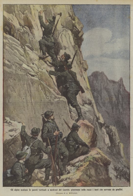 Los alpinos escalan las paredes verticales al noreste del Cauriol, plantando en las rocas los hierros que sirven de escalones de Achille Beltrame