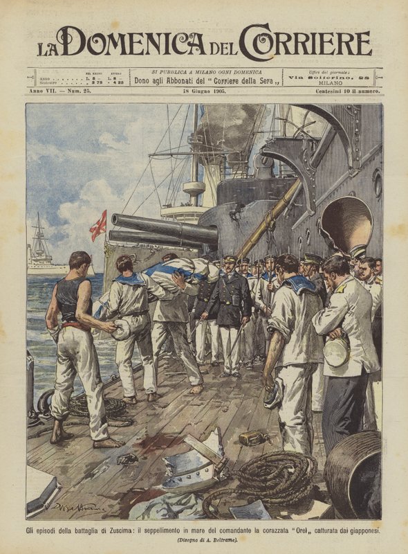 Los episodios de la batalla de Tsushima, el entierro en el mar del comandante del acorazado Orel de Achille Beltrame