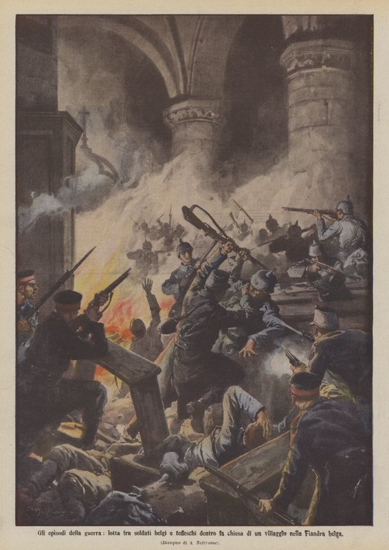 Episodios de la guerra, lucha entre soldados belgas y alemanes dentro de la iglesia de un pueblo en Flandes belga de Achille Beltrame