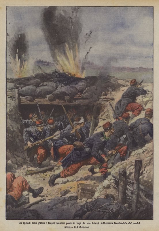 Episodios de la guerra, tropas francesas puestas en fuga por una trinchera subterránea bombardeada por los enemigos de Achille Beltrame