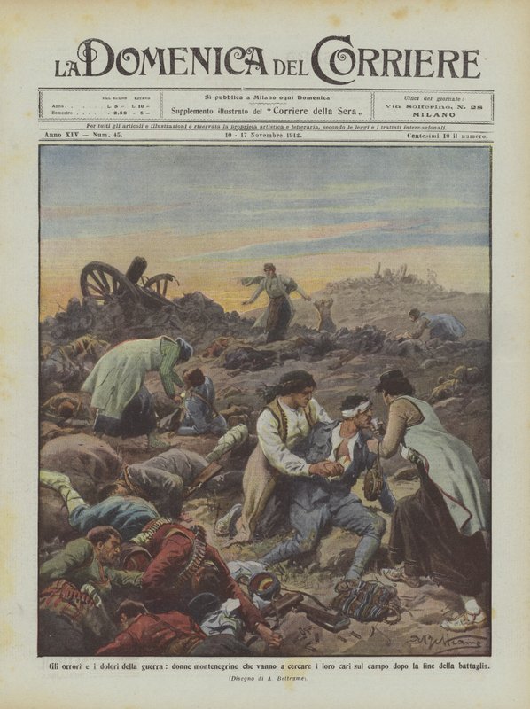 Los horrores y dolores de la guerra, mujeres montenegrinas que buscan a sus seres queridos en el campo de Achille Beltrame