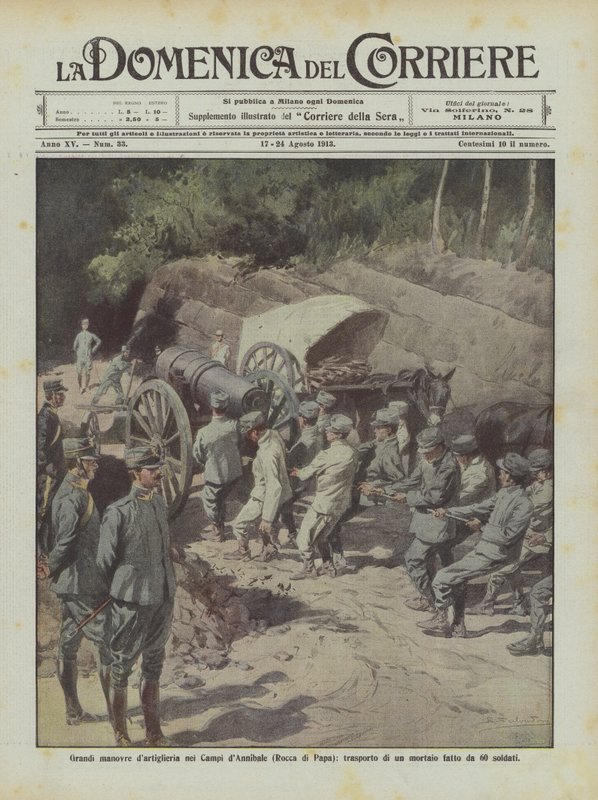 Grandes maniobras de artillería en los Campos de Aníbal (Rocca di Papa), transporte de un mortero realizado por 60 soldados de Achille Beltrame