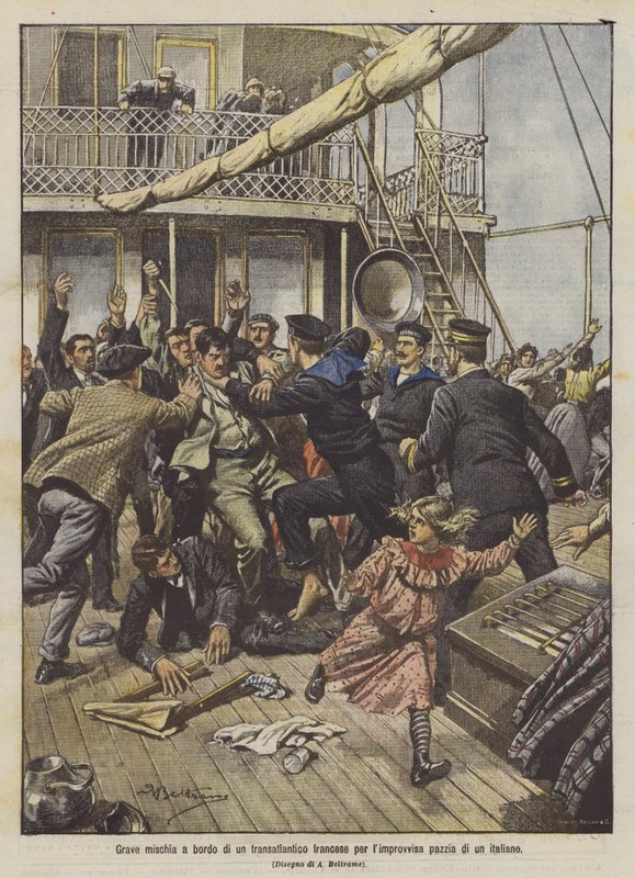 Grave pelea a bordo de un transatlántico francés por la repentina locura de un italiano de Achille Beltrame