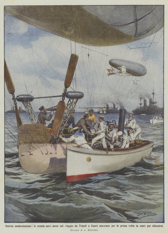 Guerra modernísima, nuestras naves aéreas en el viaje de Trípoli a Zuara anclan por primera vez de Achille Beltrame