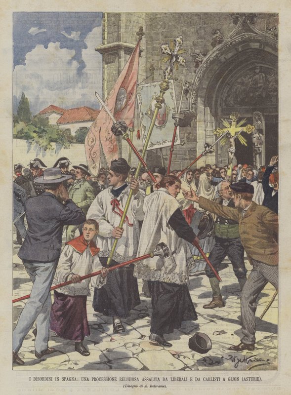 Los Disturbios en España, Una Procesión Religiosa Asaltada por Liberales y Carlistas en Gijón (Asturias) de Achille Beltrame