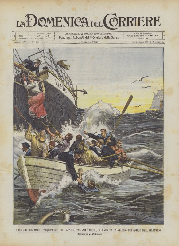 Los dramas del mar, la tripulación del vapor italiano Alfio salvada por un velero noruego en el Atlántico de Achille Beltrame