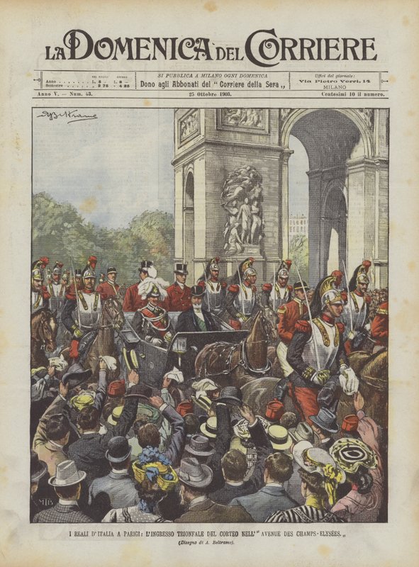 Los reyes de Italia en París, la entrada triunfal del cortejo en la Avenida de los Campos Elíseos de Achille Beltrame