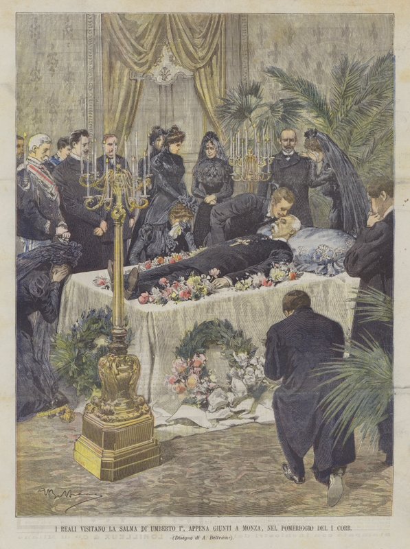 Los reyes visitan el cuerpo de Humberto I, recién llegados a Monza, en la tarde del 1 de Achille Beltrame