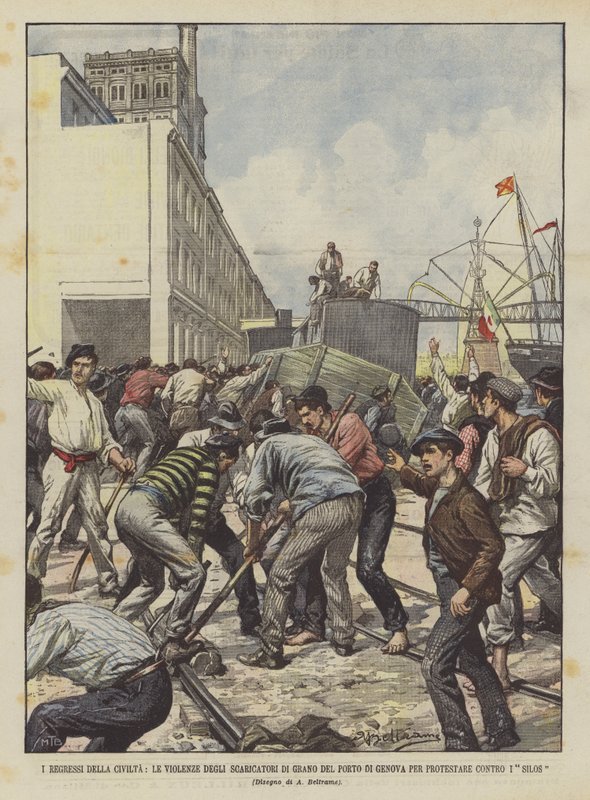 Los retrocesos de la civilización, las violencias de los descargadores de grano del puerto de Génova para protestar contra los silos de Achille Beltrame