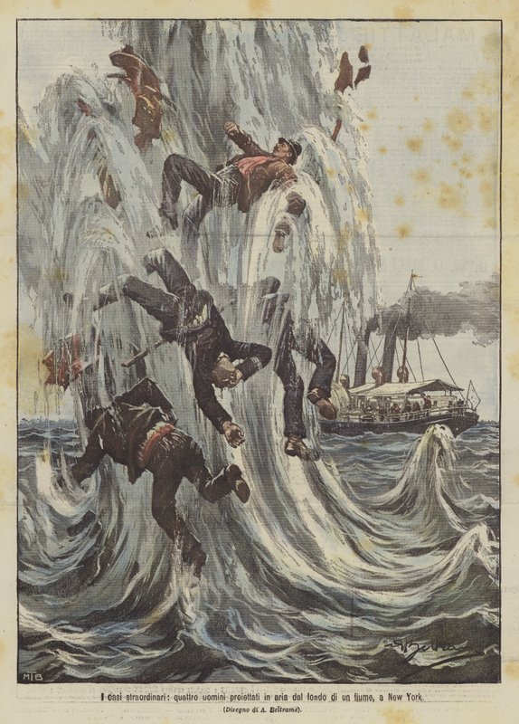 Los casos extraordinarios, cuatro hombres proyectados en el aire desde el fondo de un río, en Nueva York de Achille Beltrame