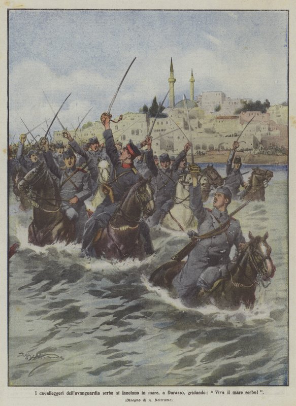 Los jinetes de la vanguardia serbia se lanzan al mar en Durazzo, gritando, ¡Viva el mar serbio! de Achille Beltrame