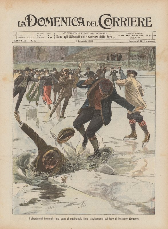 Los entretenimientos invernales, una competencia de patinaje que termina trágicamente en el lago de Muzzano (Lugano) de Achille Beltrame