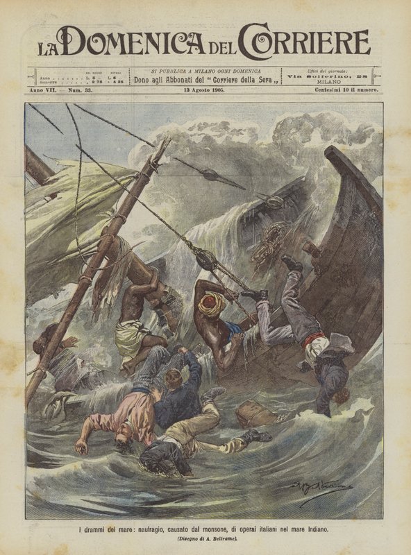 Los dramas del mar, naufragio causado por el monzón, de obreros italianos en el mar Índico de Achille Beltrame