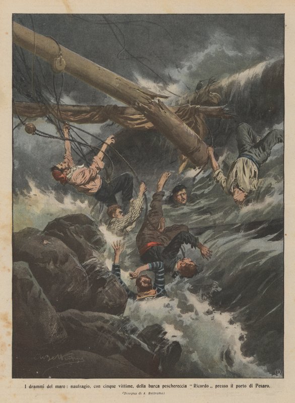 Los dramas del mar, naufragio, con cinco víctimas, del barco pesquero Ricordo cerca del puerto de Pesaro de Achille Beltrame