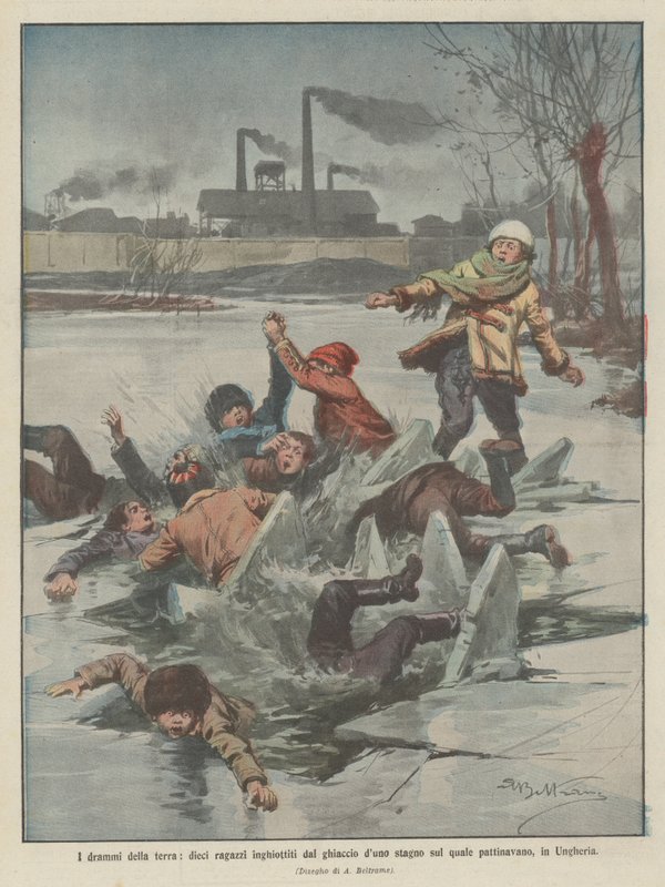 Los dramas de la tierra, diez niños tragados por el hielo de un estanque en el que patinaban, en Hungría de Achille Beltrame