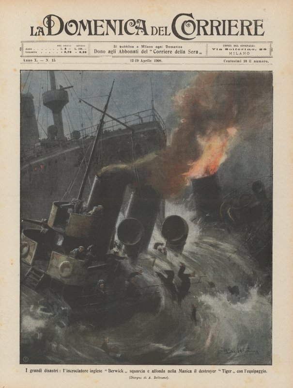 Los grandes desastres, el crucero inglés Berwick choca y hunde en el Canal de la Mancha al destructor de Achille Beltrame