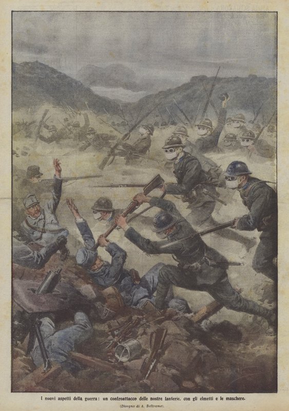 Los nuevos aspectos de la guerra, un contraataque de nuestra infantería, con cascos y máscaras de Achille Beltrame