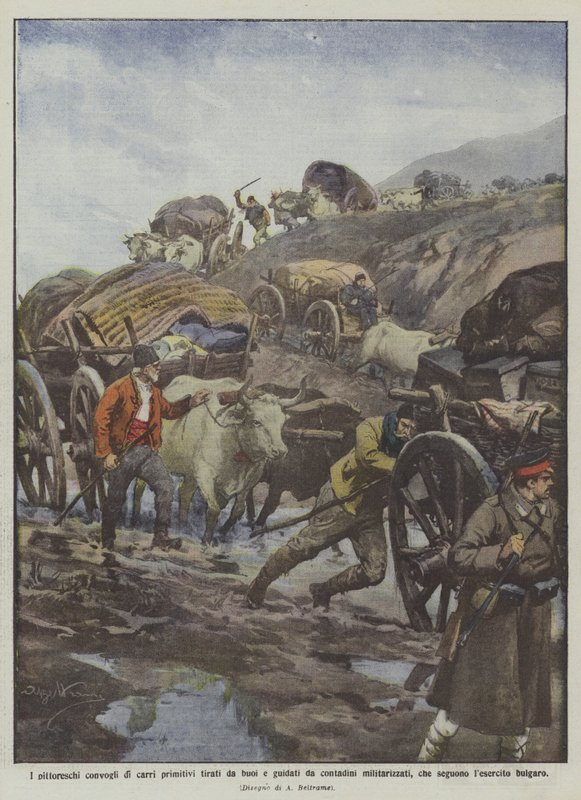 Los pintorescos convoyes de carros primitivos tirados por bueyes y guiados por campesinos militarizados de Achille Beltrame