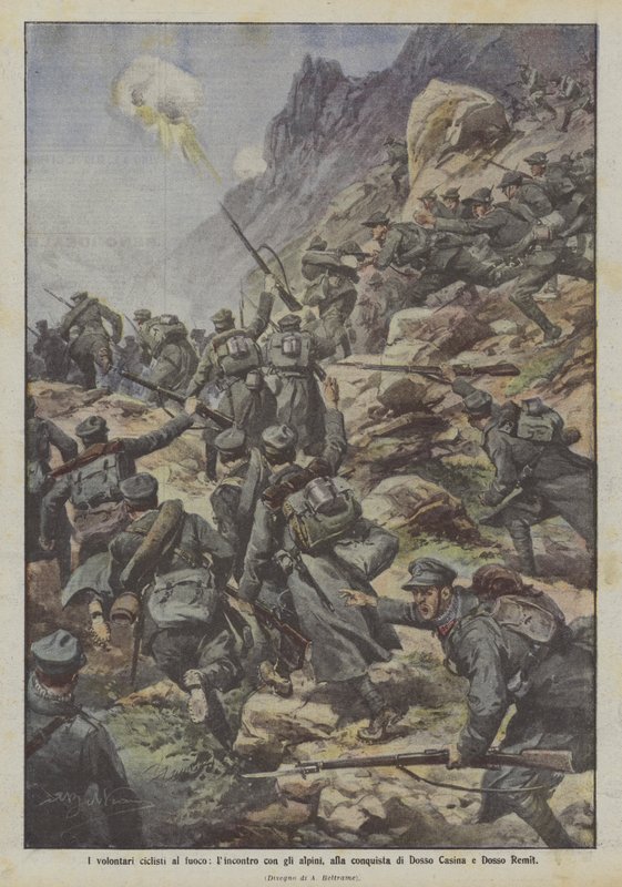 Los voluntarios ciclistas al fuego, el encuentro con los alpinos, en la conquista de Dosso Casina y Dosso Remit de Achille Beltrame