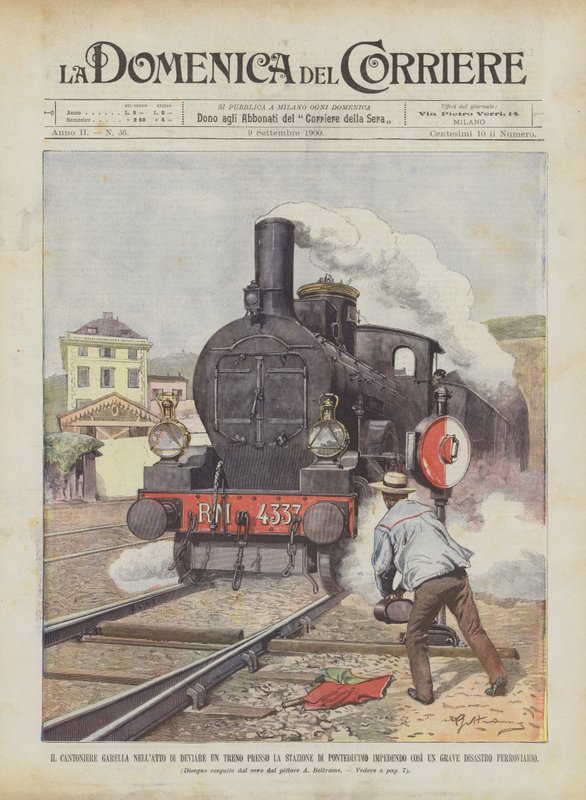 El guardabarreras Garella en el acto de desviar un tren cerca de la estación de Pontedecimo impidiendo de Achille Beltrame