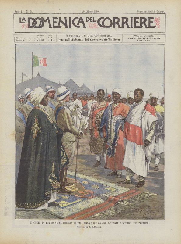 El conde de Turín en la colonia Eritrea recibe los homenajes de los jefes y notables de Asmara de Achille Beltrame