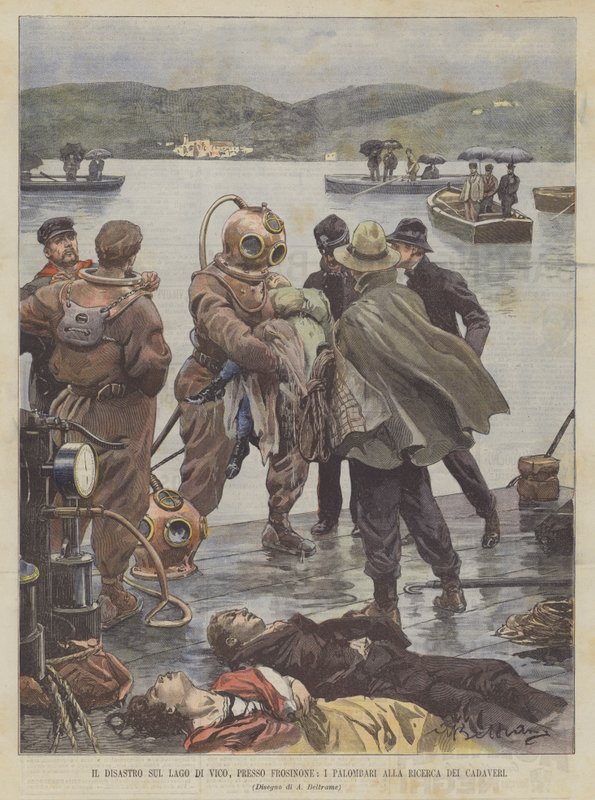 El desastre en el lago de Vico, cerca de Frosinone, los buzos en busca de los cadáveres de Achille Beltrame