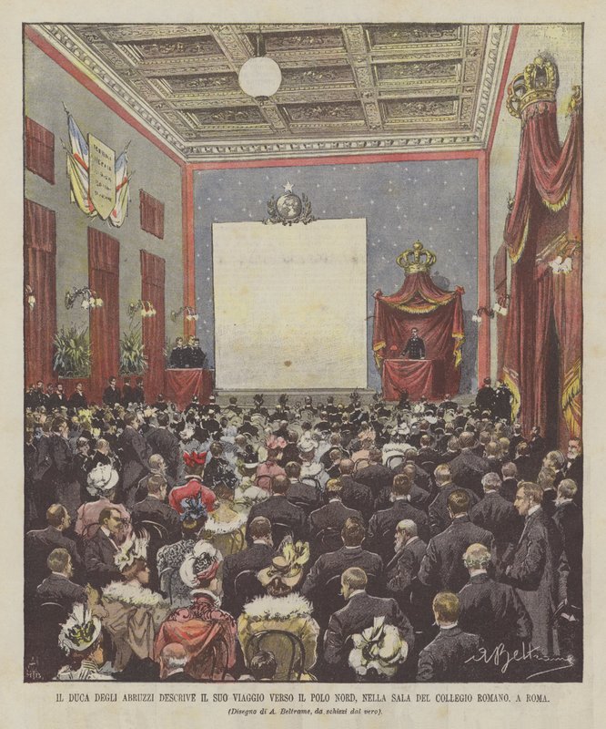 El Duque de los Abruzos describe su viaje hacia el Polo Norte, en la sala del Colegio Romano, en Roma de Achille Beltrame