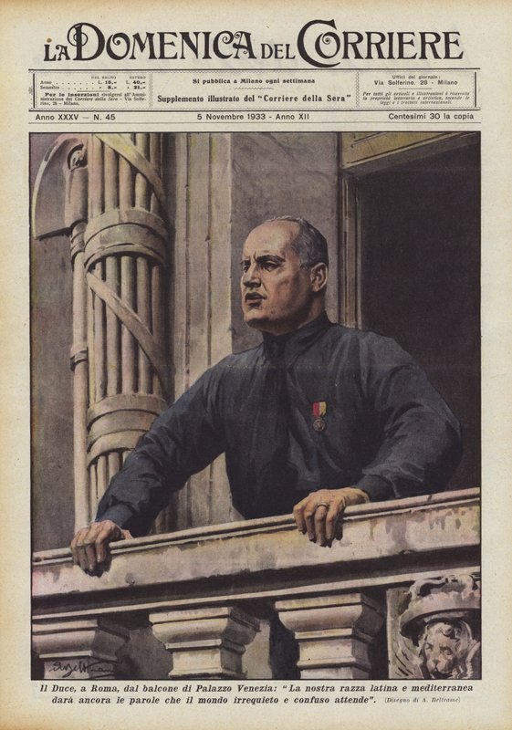 El Duce, en Roma, desde el balcón del Palacio Venecia, Nuestra raza latina y mediterránea dará aún de Achille Beltrame