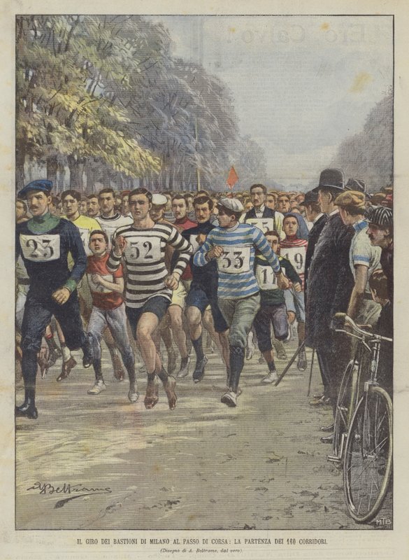 El recorrido de las murallas de Milán a paso de carrera, la salida de los 160 corredores de Achille Beltrame