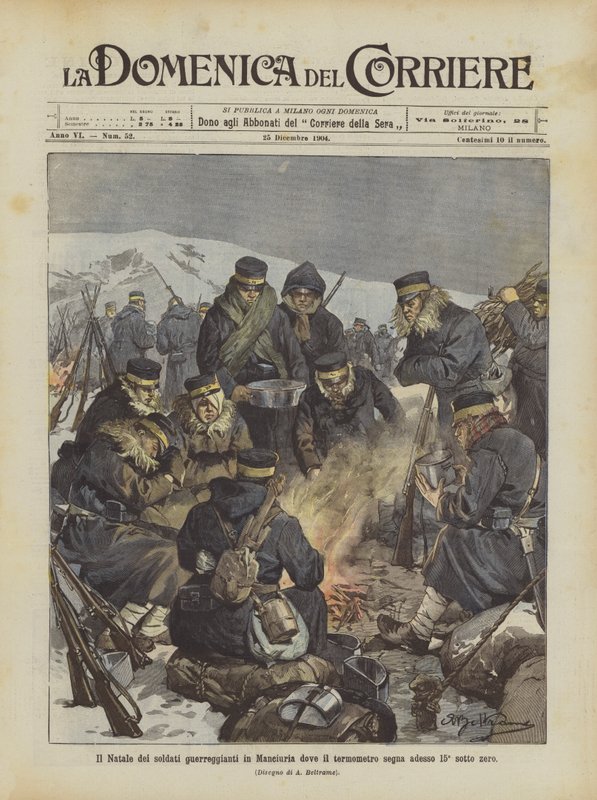 La Navidad de los soldados combatiendo en Manchuria donde el termómetro marca ahora 15° bajo cero de Achille Beltrame