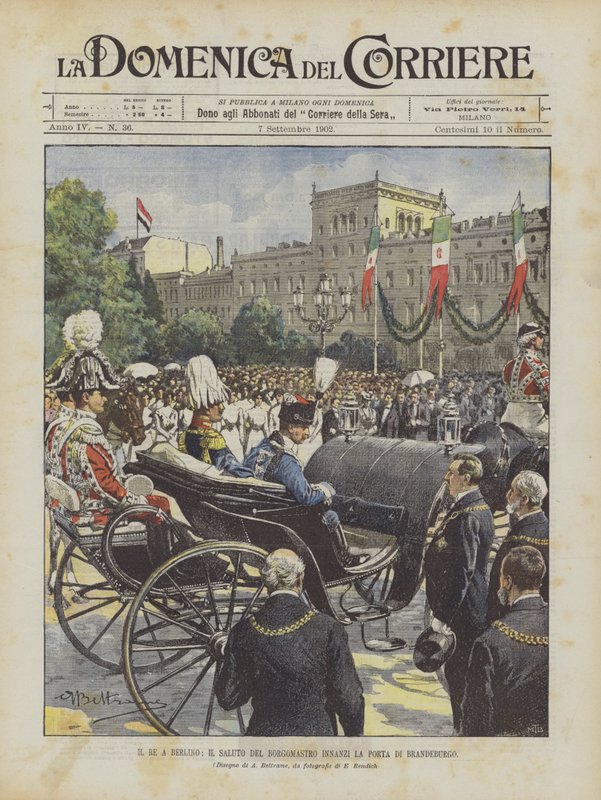 El rey en Berlín, el saludo del alcalde frente a la Puerta de Brandeburgo de Achille Beltrame