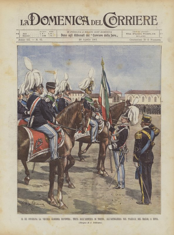 El rey entrega la vieja gloriosa bandera, tomada de la armería de Turín, a la artillería en de Achille Beltrame