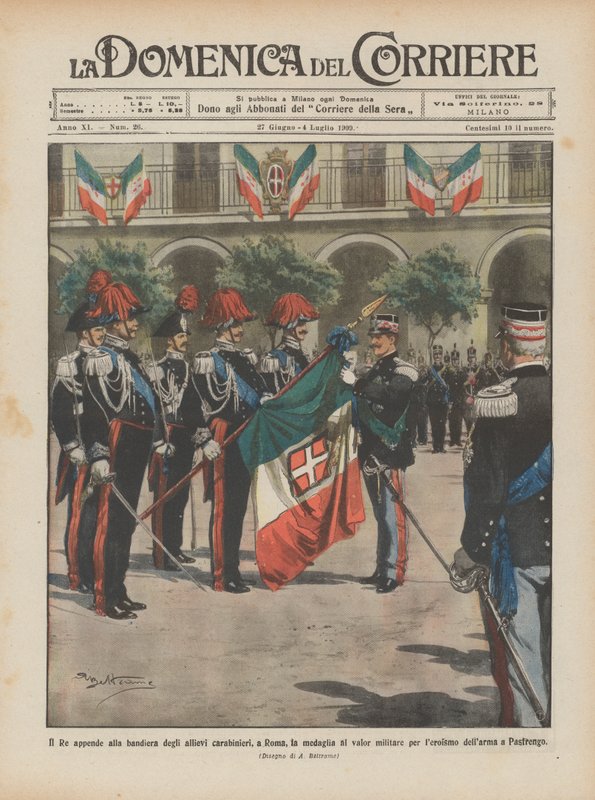 El Rey coloca la medalla al valor militar en la bandera de los alumnos carabineros, en Roma de Achille Beltrame