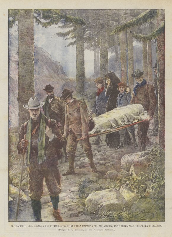 El traslado del cuerpo del pintor Segantini desde la cabaña en Schafberg, donde murió, a la iglesia de Maloja de Achille Beltrame