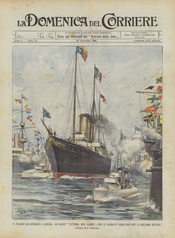 El viaje de los soberanos a Londres, el yate Victoria and Albert que los lleva pasa frente a la flota inglesa de Achille Beltrame