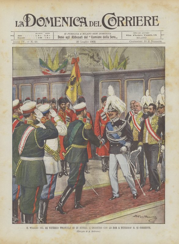 El viaje del rey Víctor Manuel III a Rusia, el encuentro con el zar en Peterhof el 13 corriente de Achille Beltrame